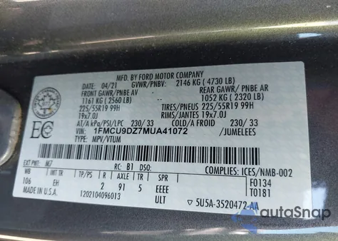 2021 Ford Escape Titanium Hybrid z USA, uszkodzony, nr VIN 1FMCU9DZ7MUA41072